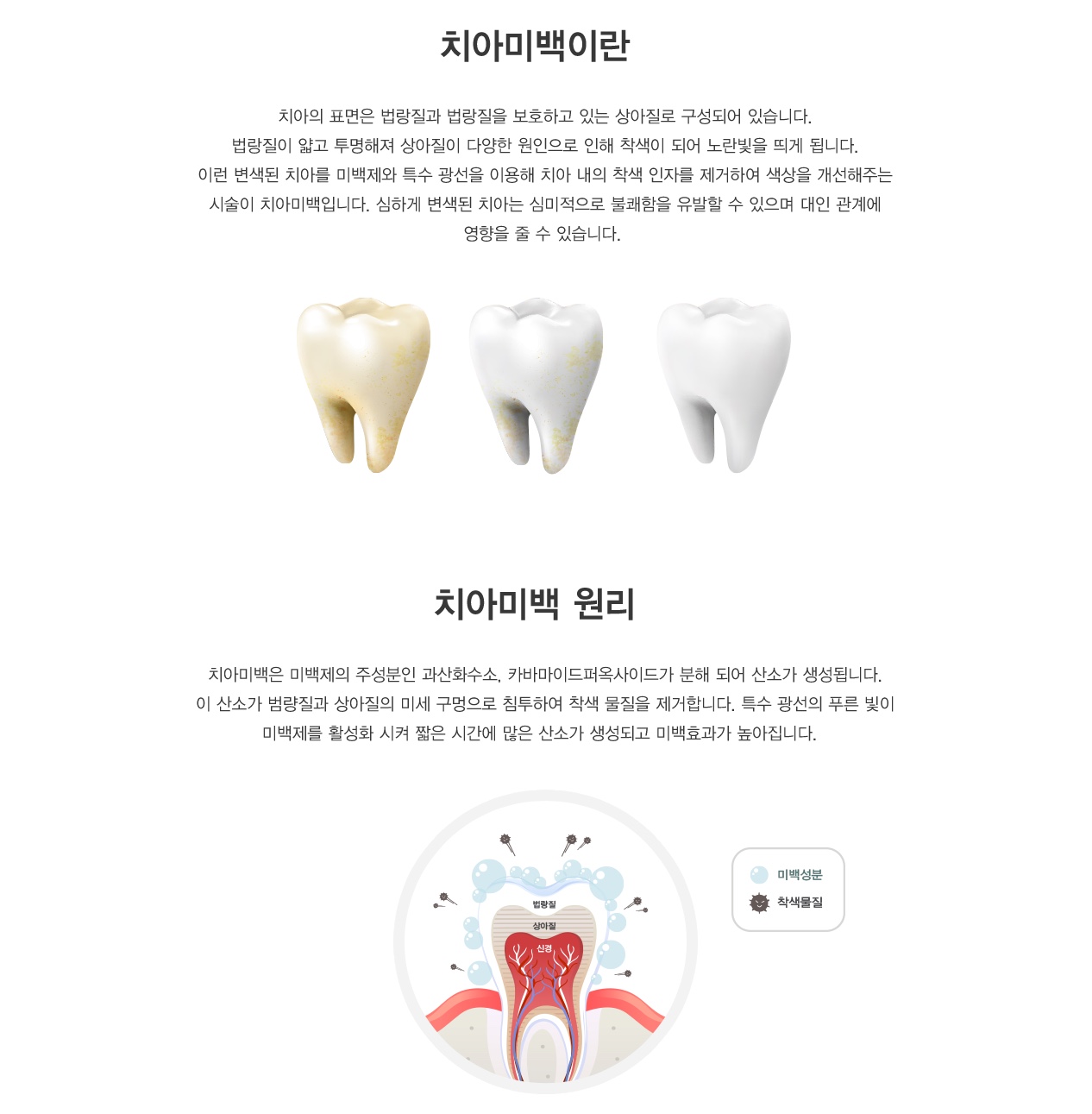 치아미백이란? 치아의 표면은 법랑질과 법랑질을 보호하고 있는 상아질로 구성되어 있습니다.
                    법랑질이 얇고 투명해져 상아질이 다양한 원인으로 인해 착색이 되어 노란빛을 띄게 됩니다.
                    이런 변색된 치아를 미백제와 특수 광선을 이용해 치아 내의 착색 인자를 제거하여 색상을 개선해주는
                    시술이 치아미백입니다. 심하게 변색된 치아는 심미적으로 불쾌함을 유발할 수 있으며 대인 관계에
                    영향을 줄 수 있습니다. 치아미백 원리? 치아미백은 미백제의 주성분인 과산화수소, 카바마이드퍼옥사이드가 분해 되어 산소가 생성됩니다.
                    이 산소가 범량질과 상아질의 미세 구멍으로 침투하여 착색 물질을 제거합니다. 특수 광선의 푸른 빛이
                    미백제를 활성화 시켜 짧은 시간에 많은 산소가 생성되고 미백효과가 높아집니다.